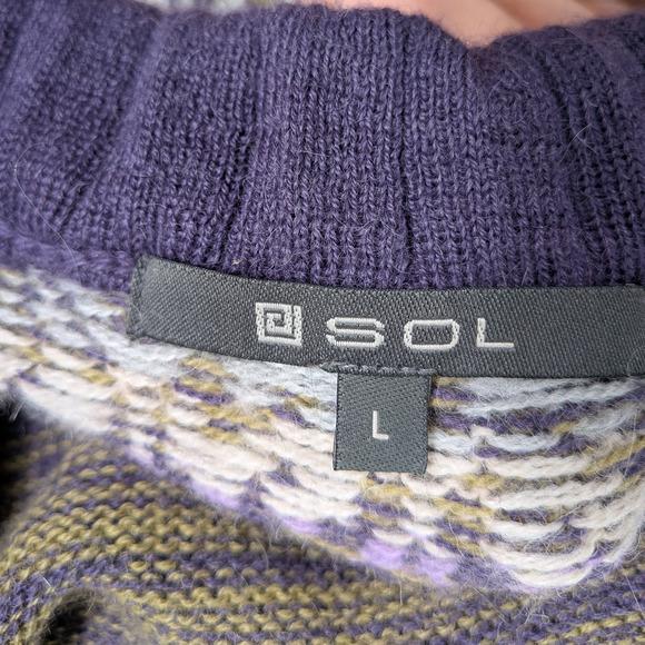 SOL Baby Alpaca Pullover Sweater L Purple Yellow Fair Isle Bow Scoop Soft Bow - Picture 10 of 13